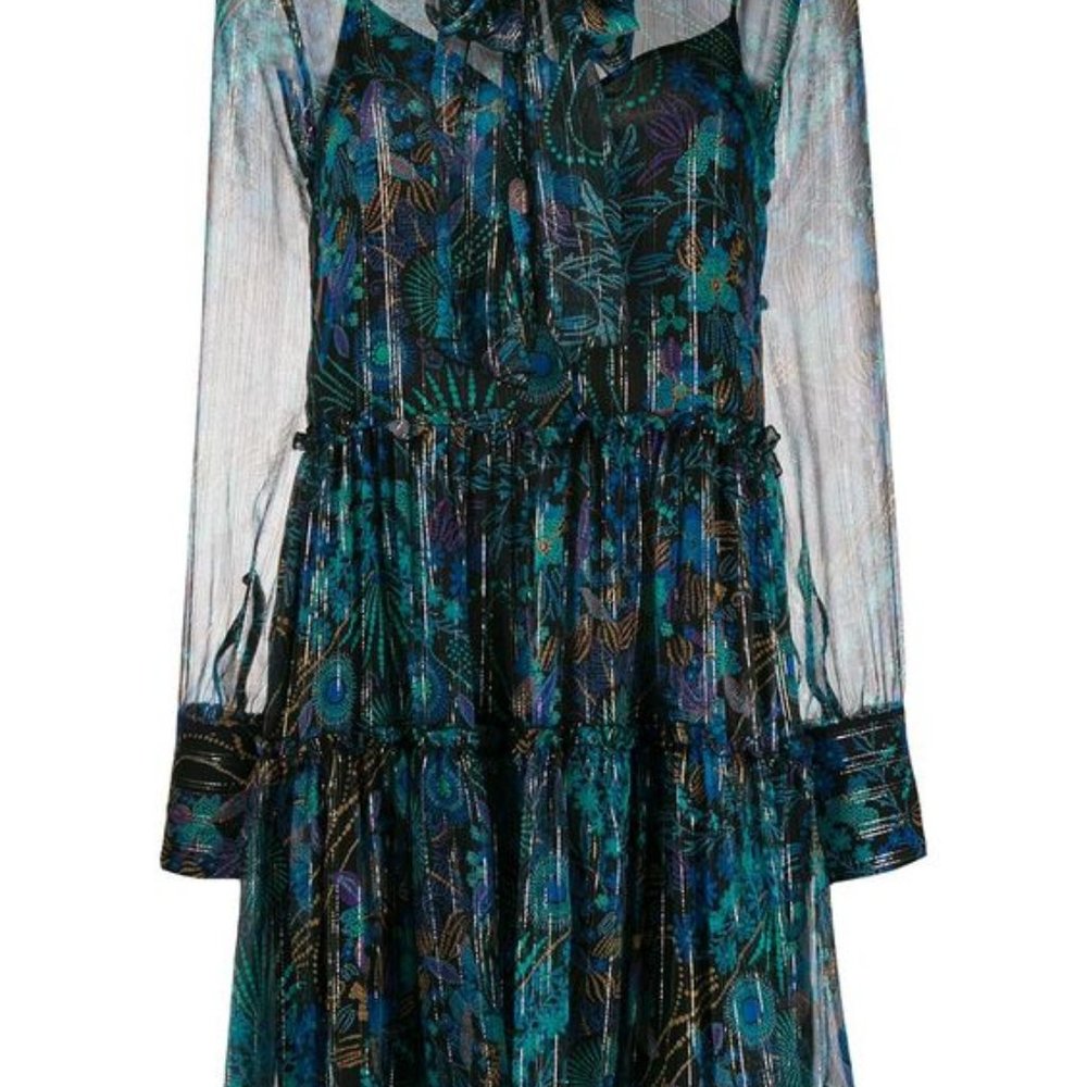 See By Chloe Printed Long-Sleeve Tie-Neck Dress Size 42. NWT